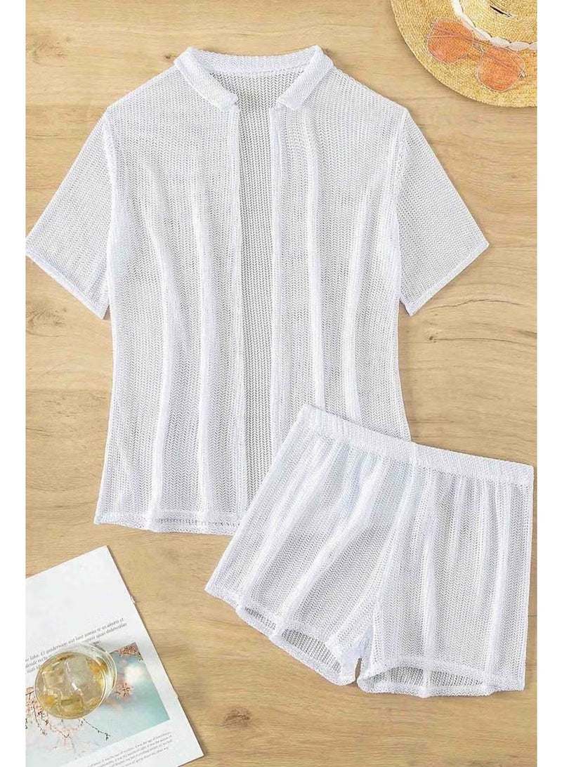 Angelsin Collar Detailed Shirt Look Bottom Top Shorts Set Beach Dress Pareo - Image 5